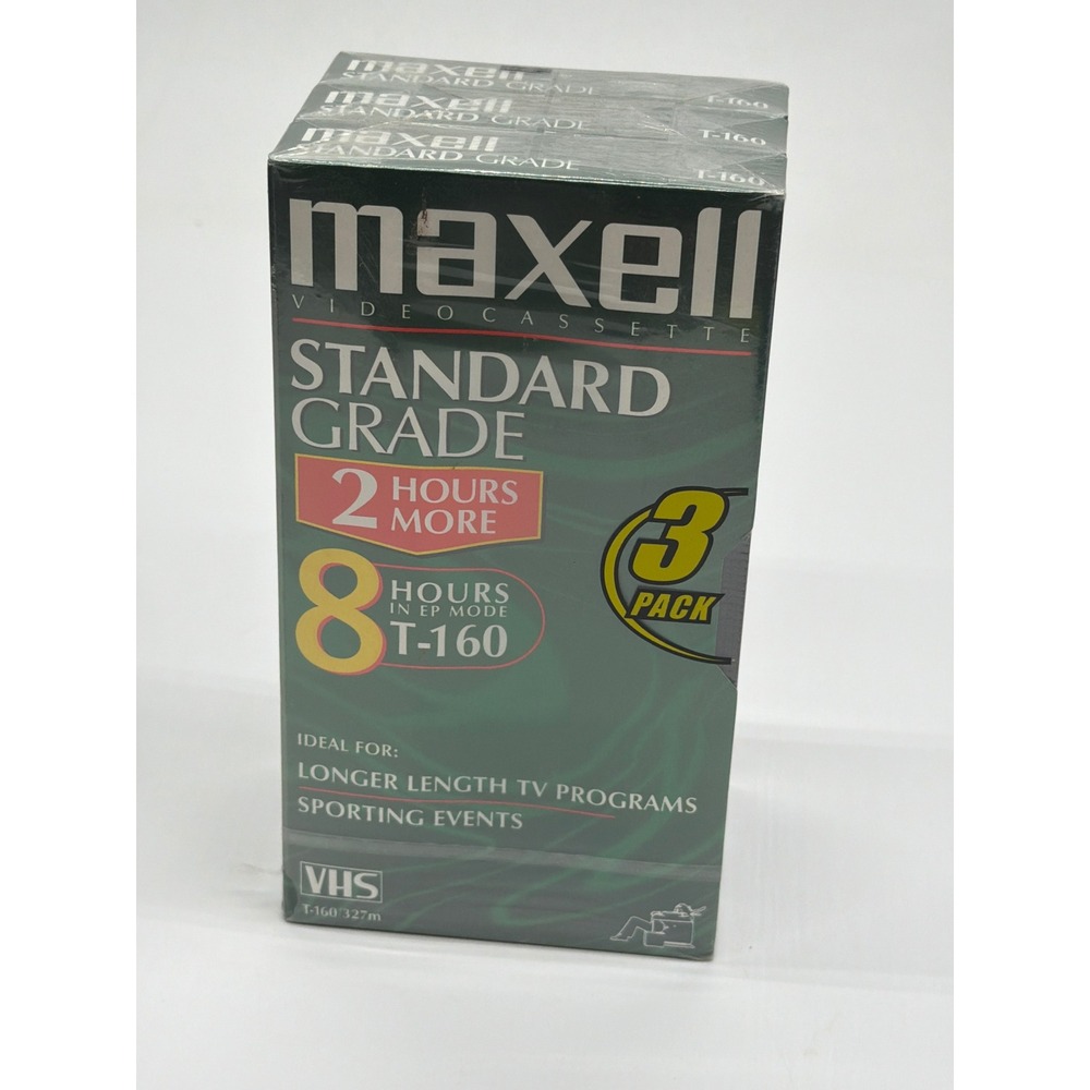 Maxell T-160 VHS‎ Blank Video Cassette Tapes Standard Grade 8 Hour 3-Pack Sealed